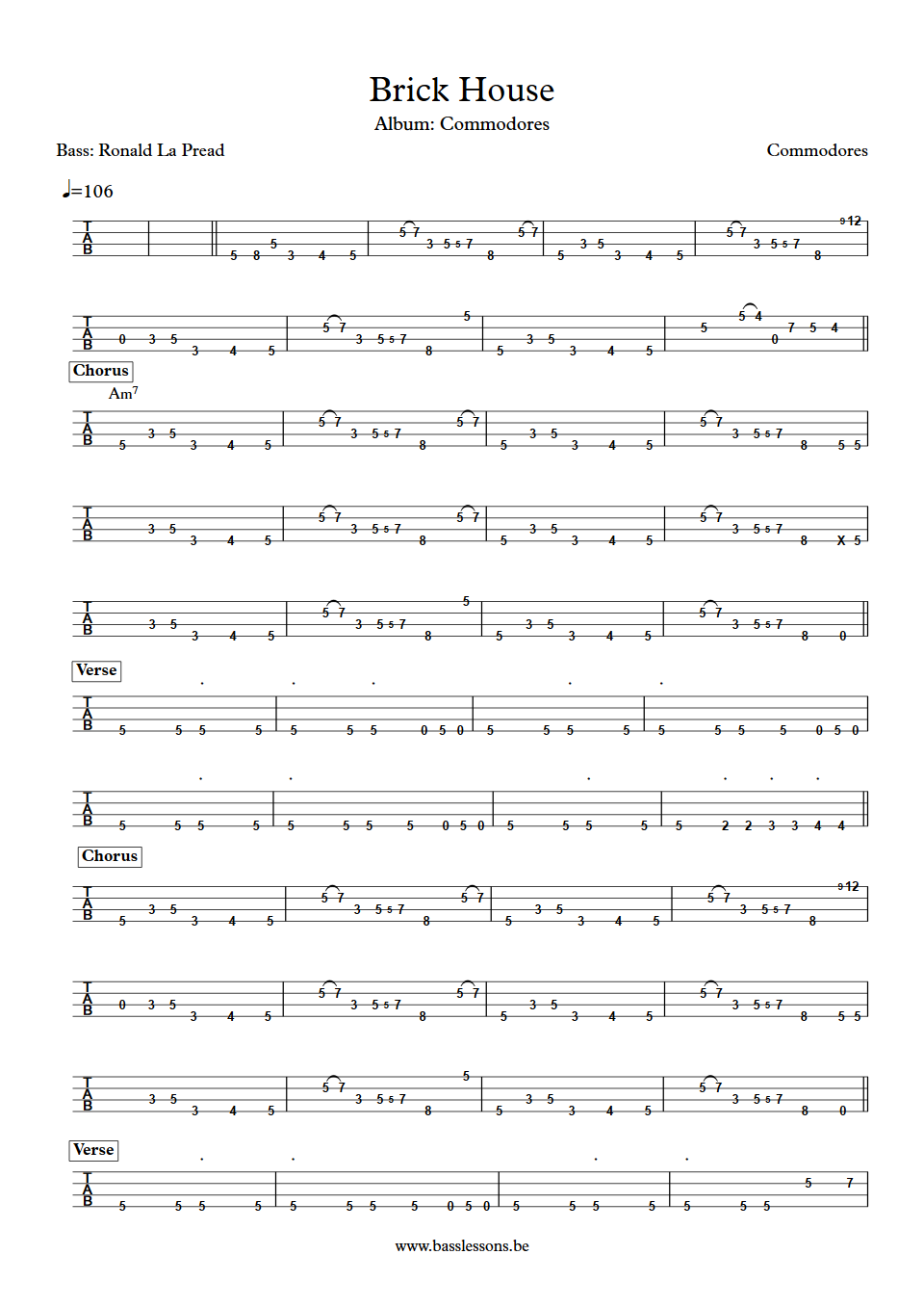 Commodores Brick house Ronald La Pread bass Tab