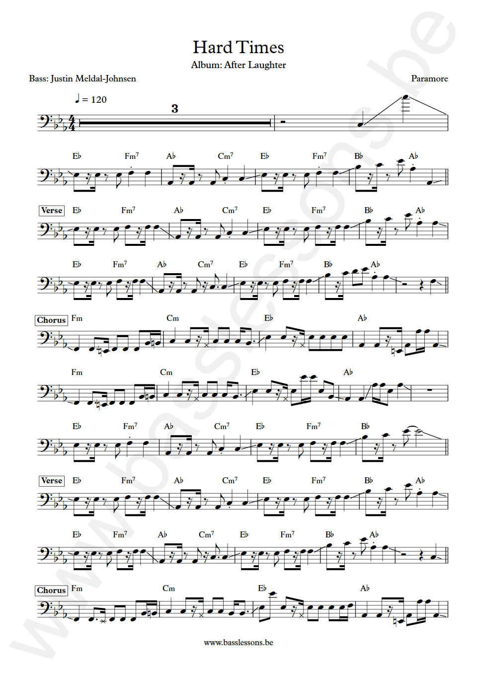 Paramore Hard times Justin Meldal-Johnsen Bass Transcription