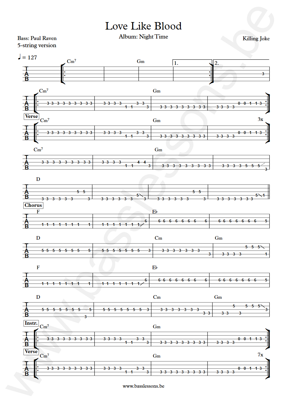 Killing Joke Love Like Blood Paul Raven  Bass Tab 5-string