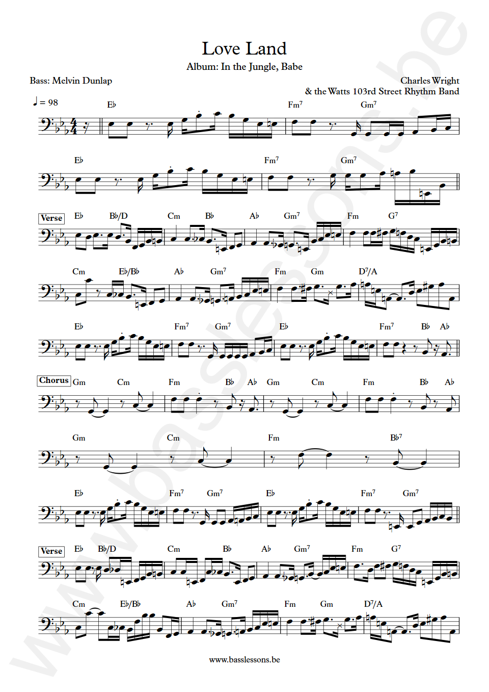 Charles Wright & the Watts 103rd Street Rhythm Band Loveland Melvin Dunlap Bass Transcription