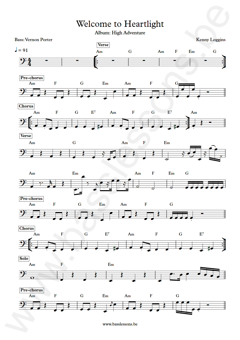 Kenny Loggins Welcome to Heartlight Vernon Porter Bass Transcription