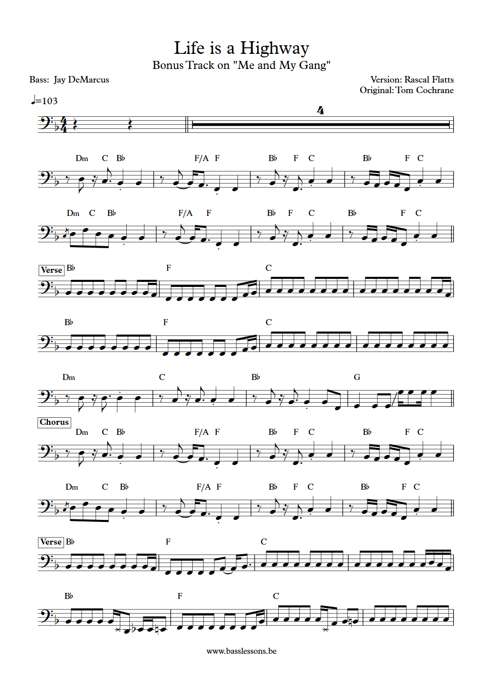 Rascal Flatts Life Is A Highway Jay DeMarcus bass transcription