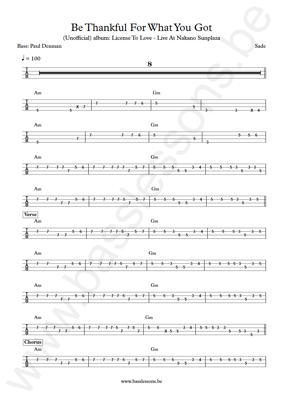 Sade Be Thankful For What You Got Paul S. Denman Bass Tab