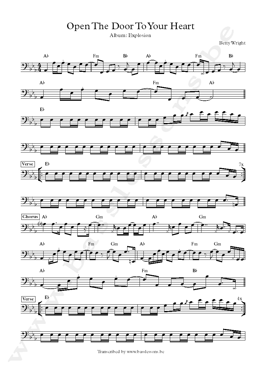 Betty Wright open the door to your heart bass transcription
