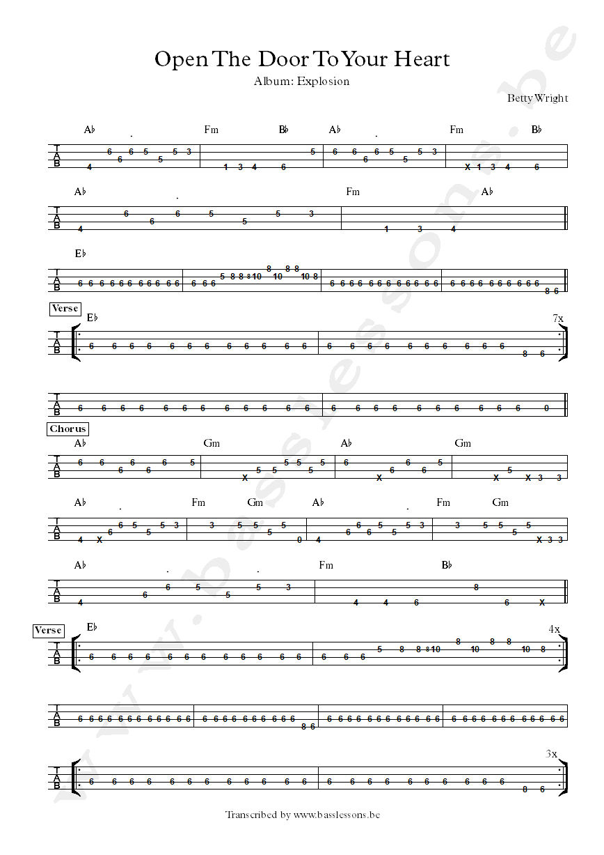 Betty Wright open the door to your heart bass tab
