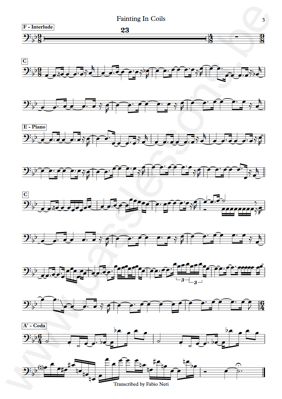 Bill Bruford Fainting In Coils Jeff Berlin Bass Transcription part 3