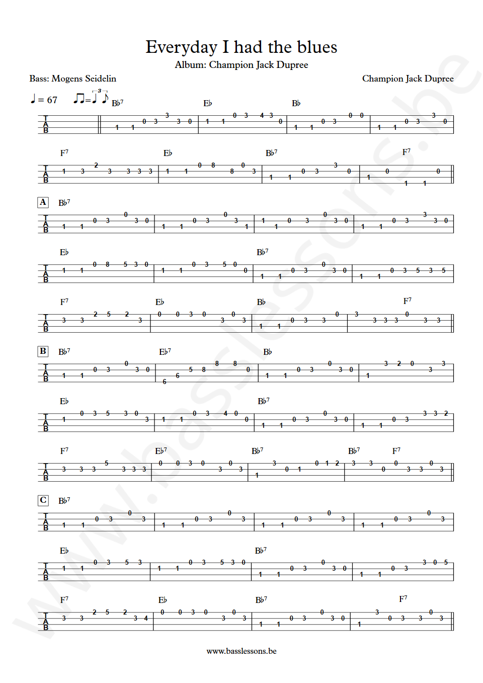 Champion Jack Dupree Everyday I Had The Blues Mogens Seidelin Bass Tabs