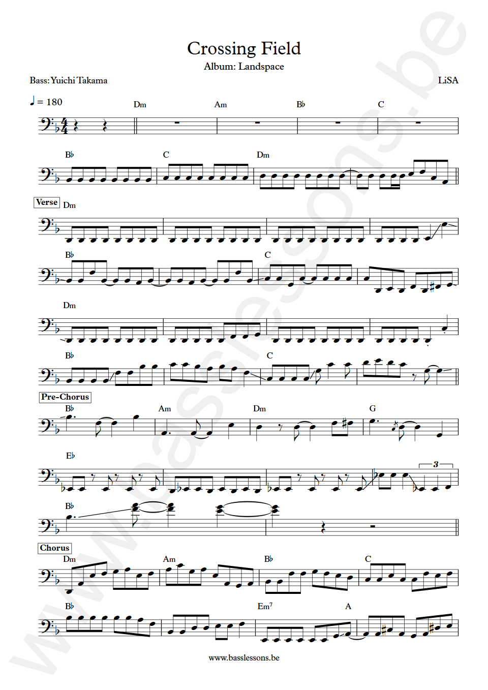 LiSA Crossing Field Yuichi Takama Bass Transcription