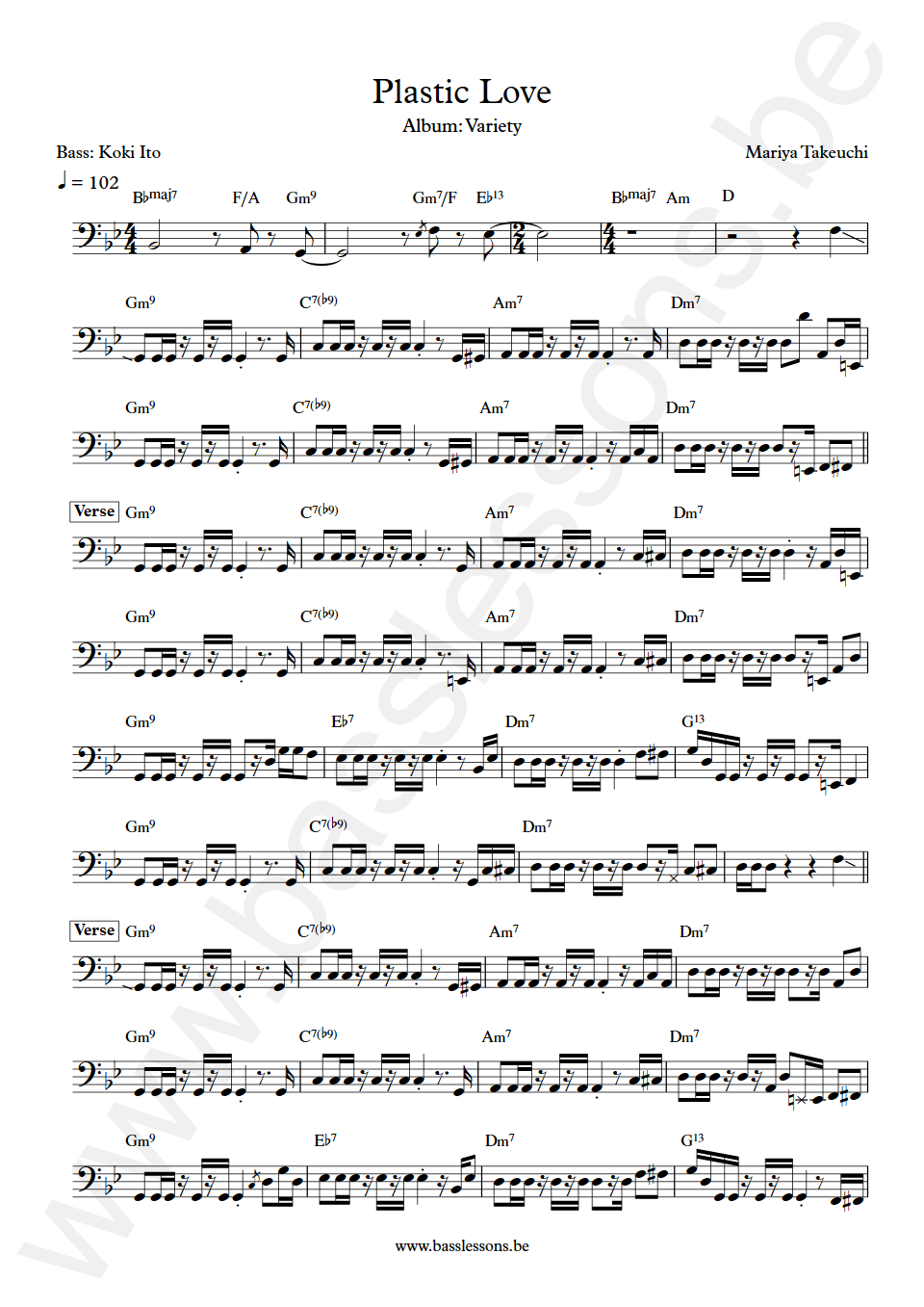 Mariya Takeuchi Plastic Love Koki Ito Bass Transcription