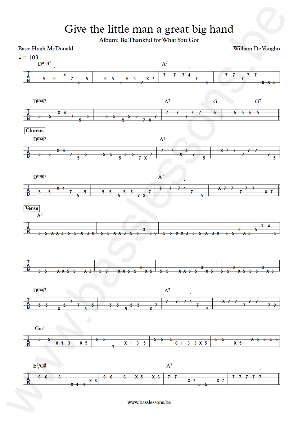 William De Vaughn Give the little man a great big hand Hugh McDonald Bass Tabs