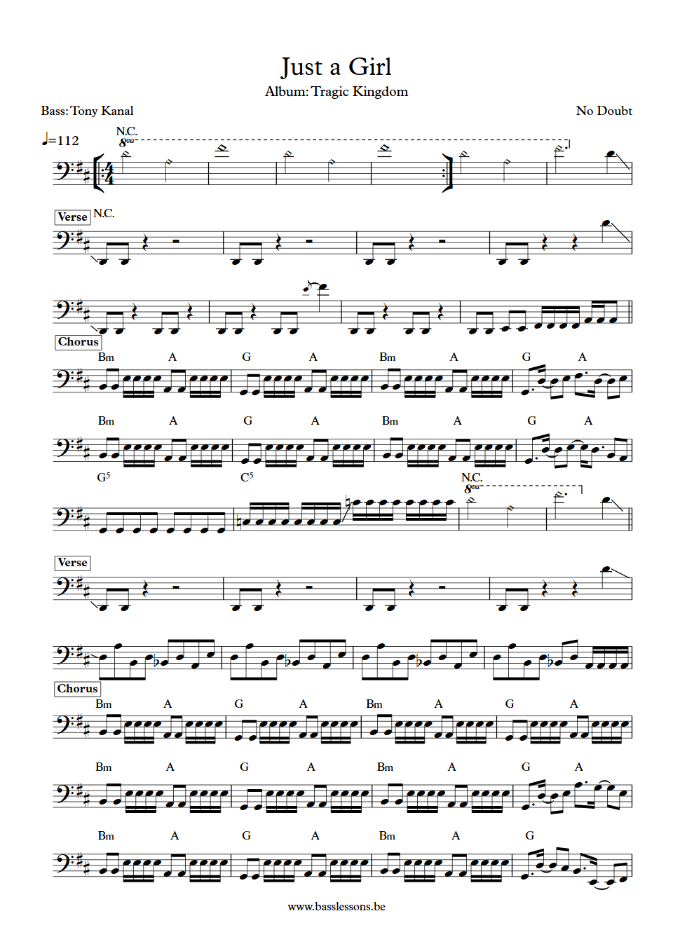No Doubt Just a girl Tony Kanal bass transcription