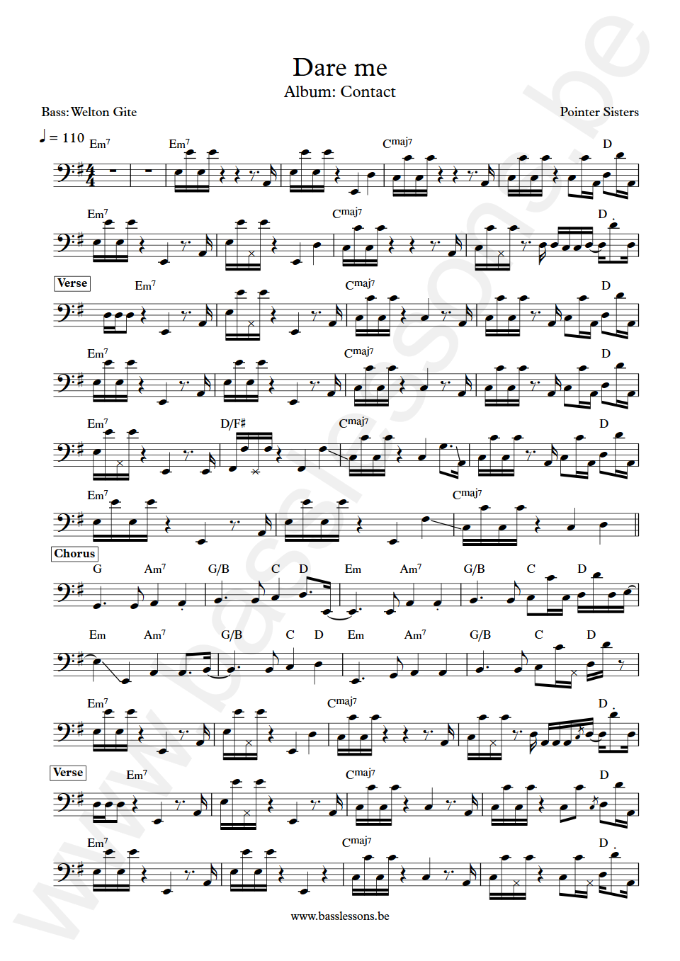 Pointer Sisters Dare me Welton Gite Bass Transcription