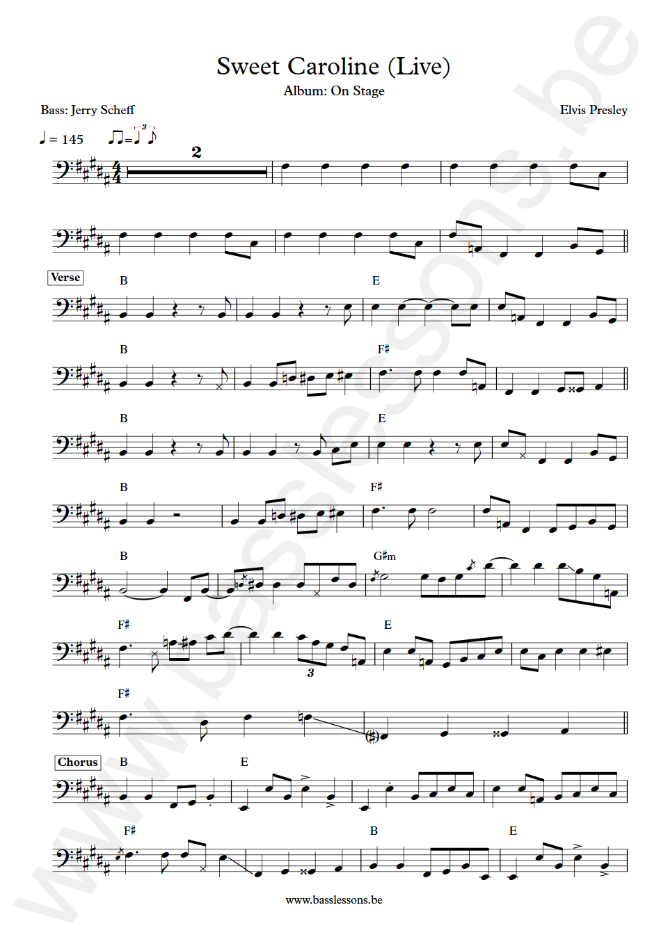 Elvis Presley Sweet Caroline (Live) Jerry Scheff  Bass Transcription