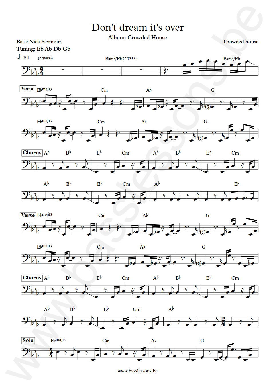 Crowded House Don't dream its over Nick Seymour Bass Transcription