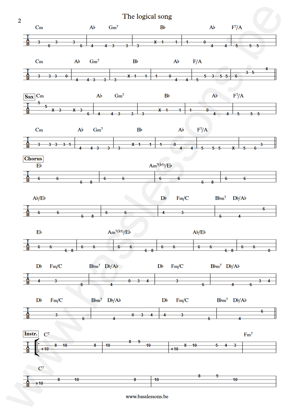 Supertramp The logical song Dougie Thomson  Bass Tabs part 2