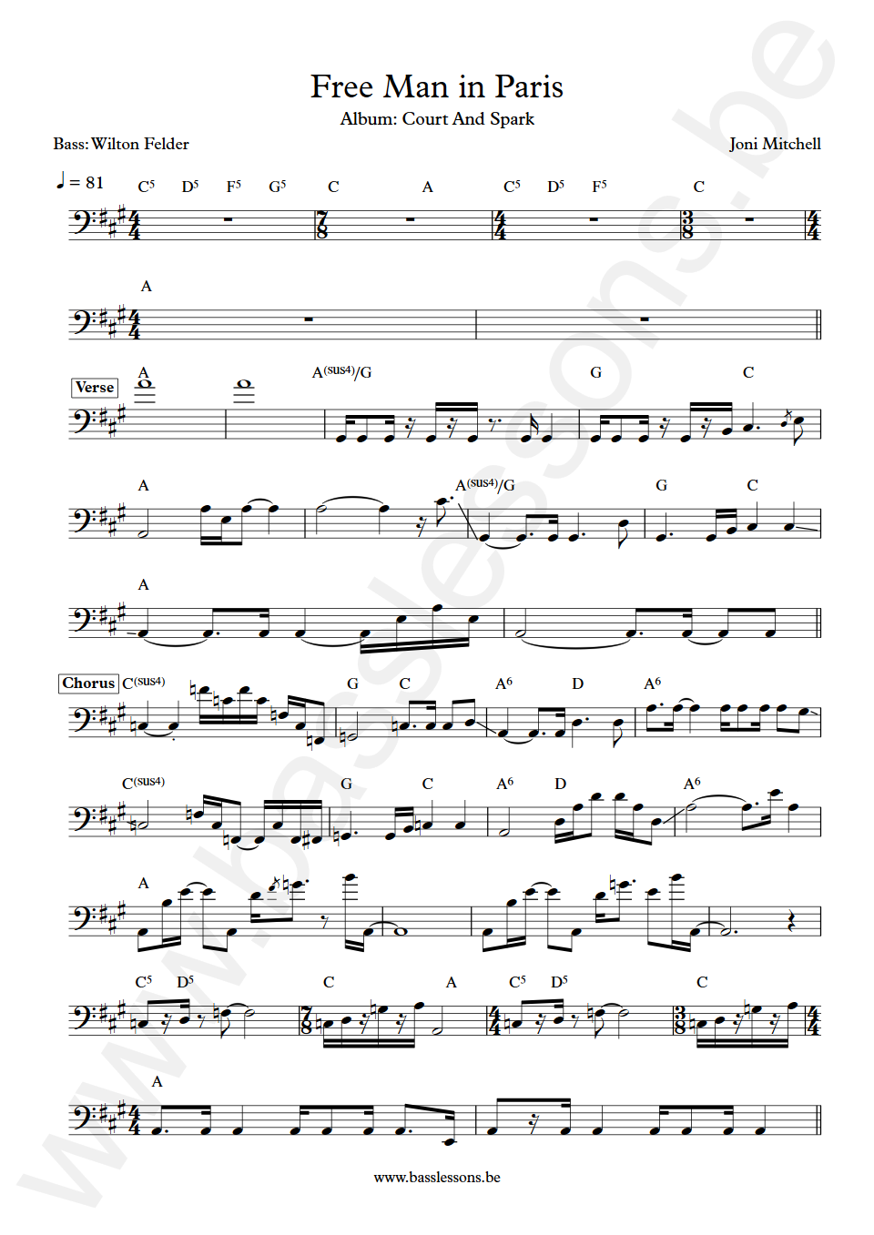 Joni Mitchell Free Man in Paris Wilton Felder Bass Transcription