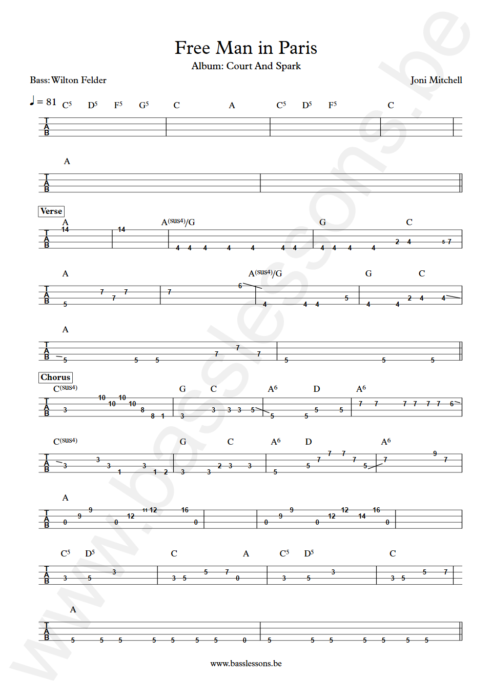 Joni Mitchell Free Man in Paris Wilton Felder Bass Tabs
