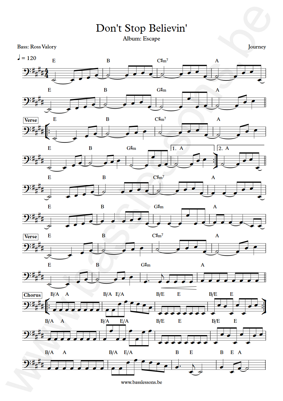 Journey Don't Stop Believin' Ross Valory Bass Transcription