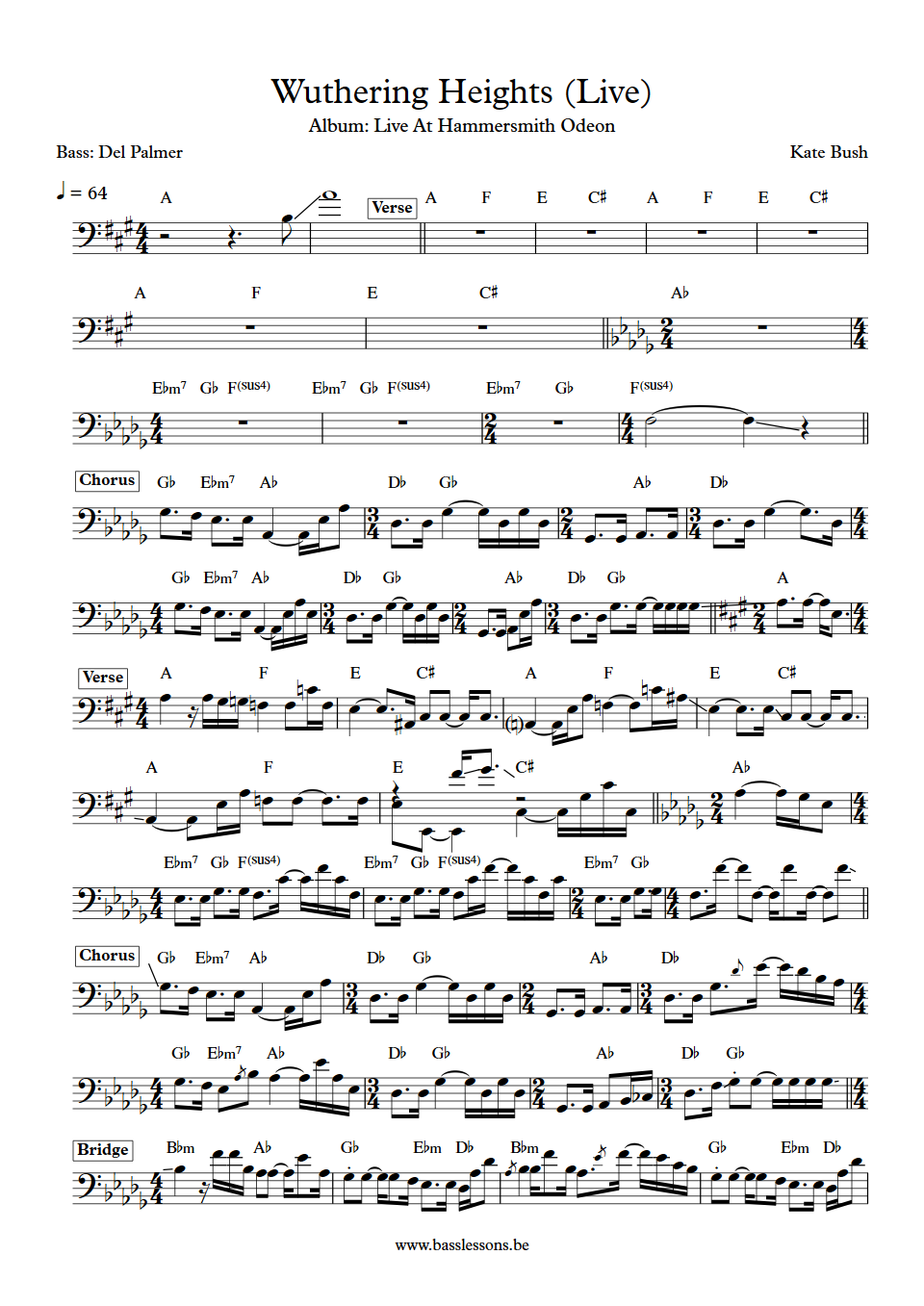 Kate Bush Wuthering Heights Live Del Palmer Bass Transcription
