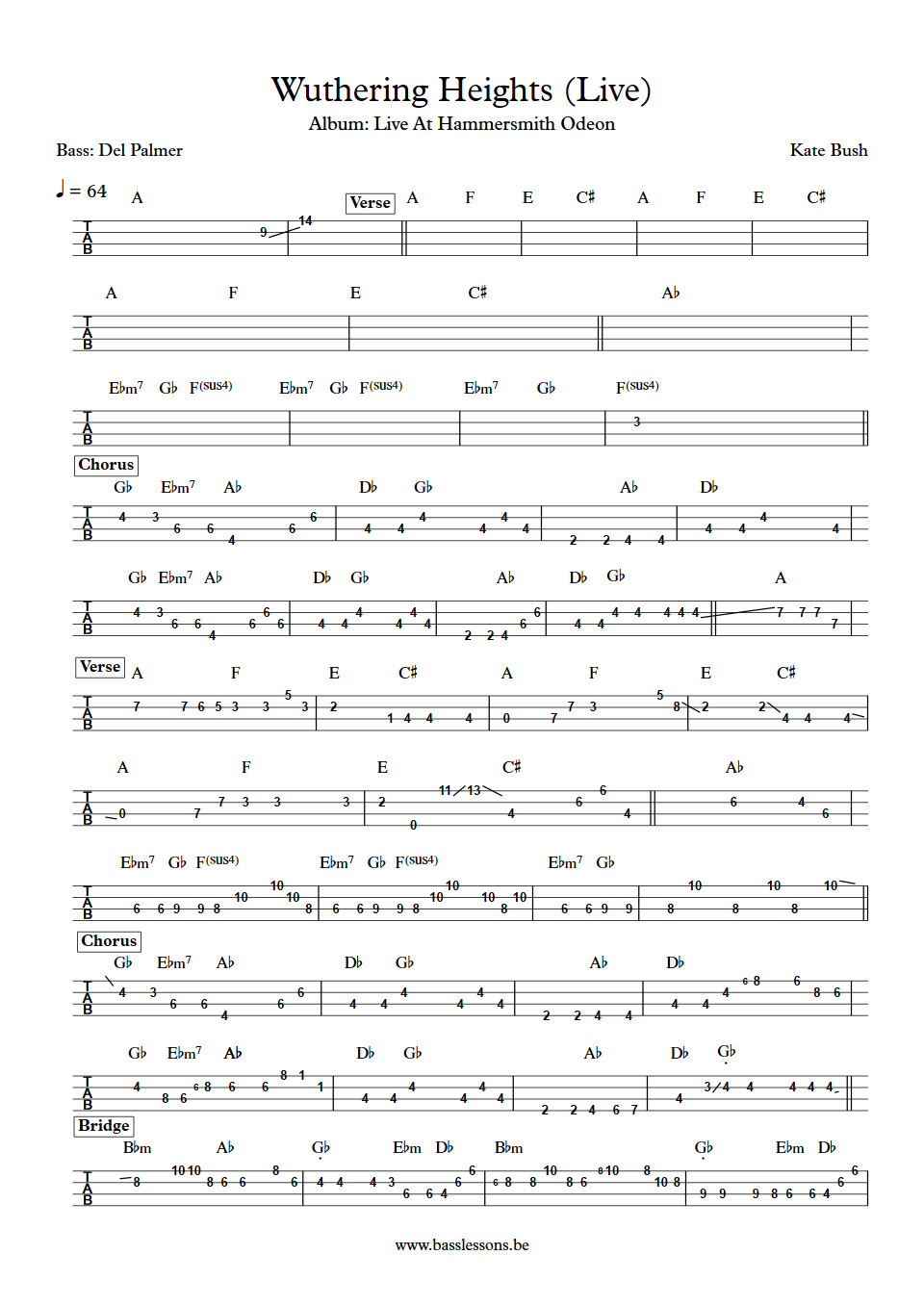 Kate Bush Wuthering Heights Live Del Palmer Bass Tabs