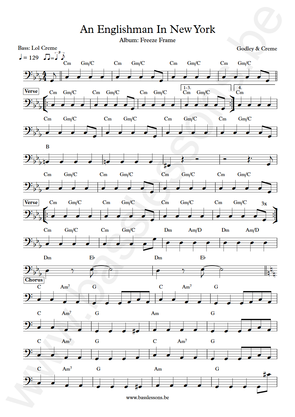 Godley & Creme An Englishman In New York Lol Creme  Bass Transcription