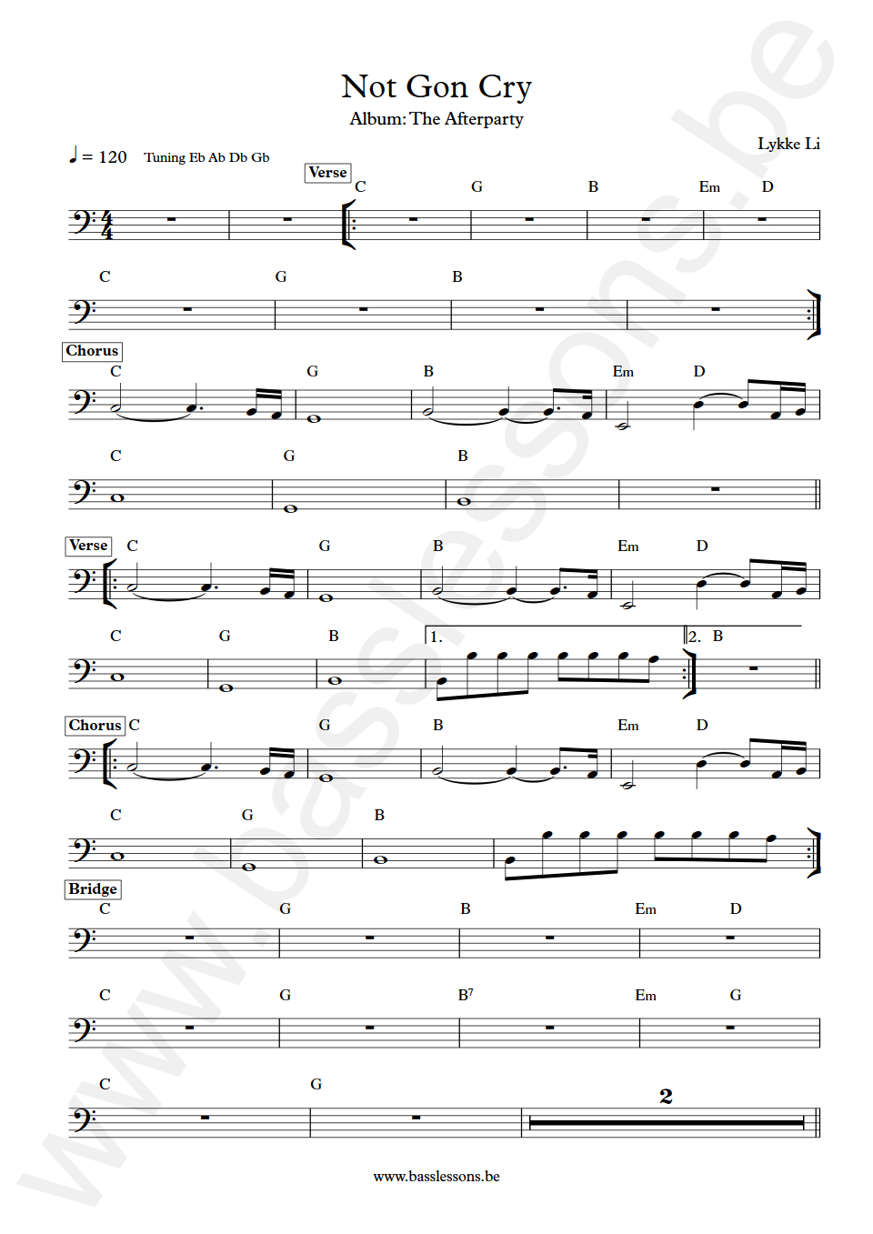 Lykke Li Not Gon Cry transposed Bass Synth Transcription