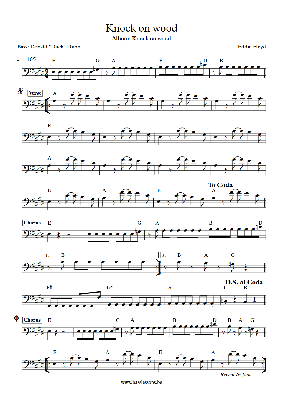 Eddie Floyd Knock on wood Donald 'Duck' Dunn Bass Transcription