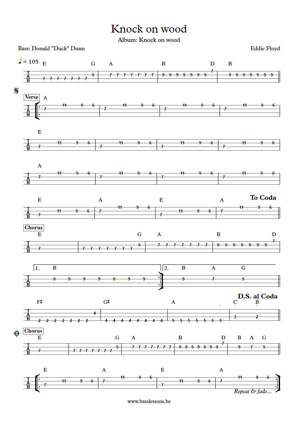 Eddie Floyd Knock on wood Donald 'Duck' Dunn Bass Tab