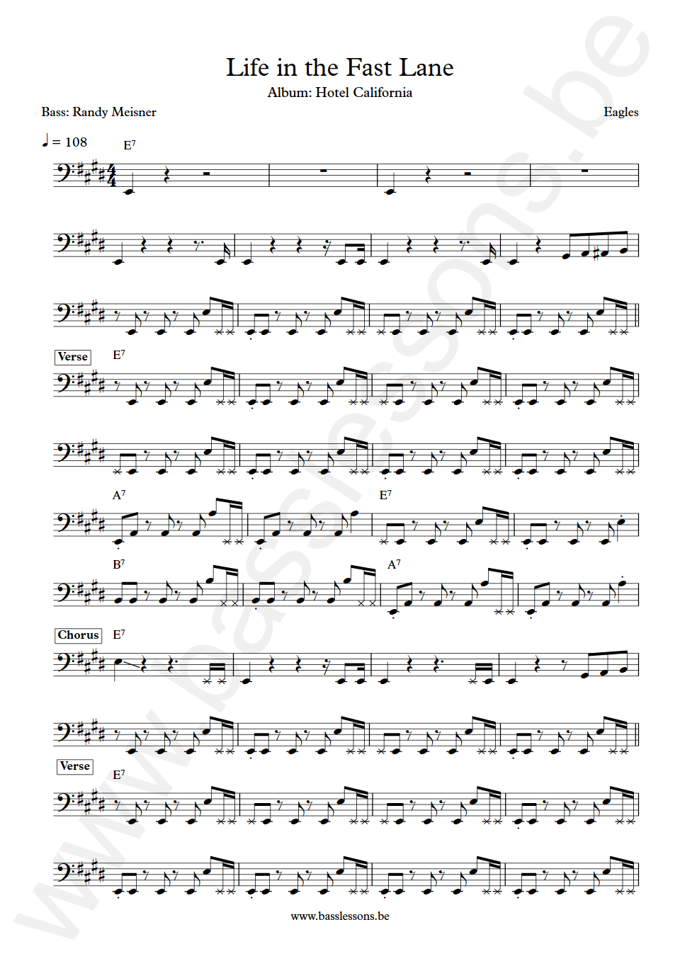 Eagles Life in the Fast Lane Randy Meisner Bas Transcriptie