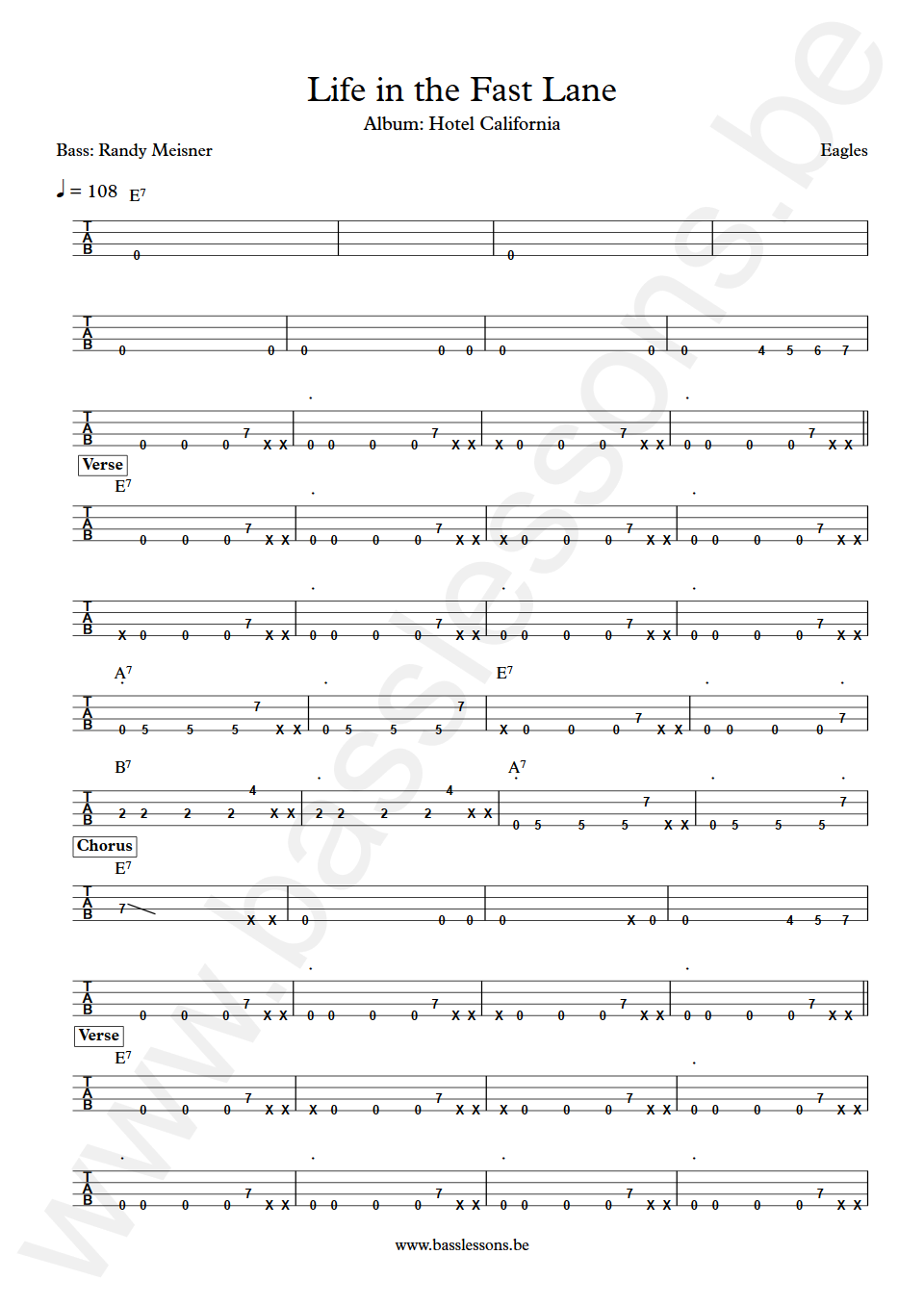 Eagles Life in the Fast Lane Randy Meisner Bass Tab
