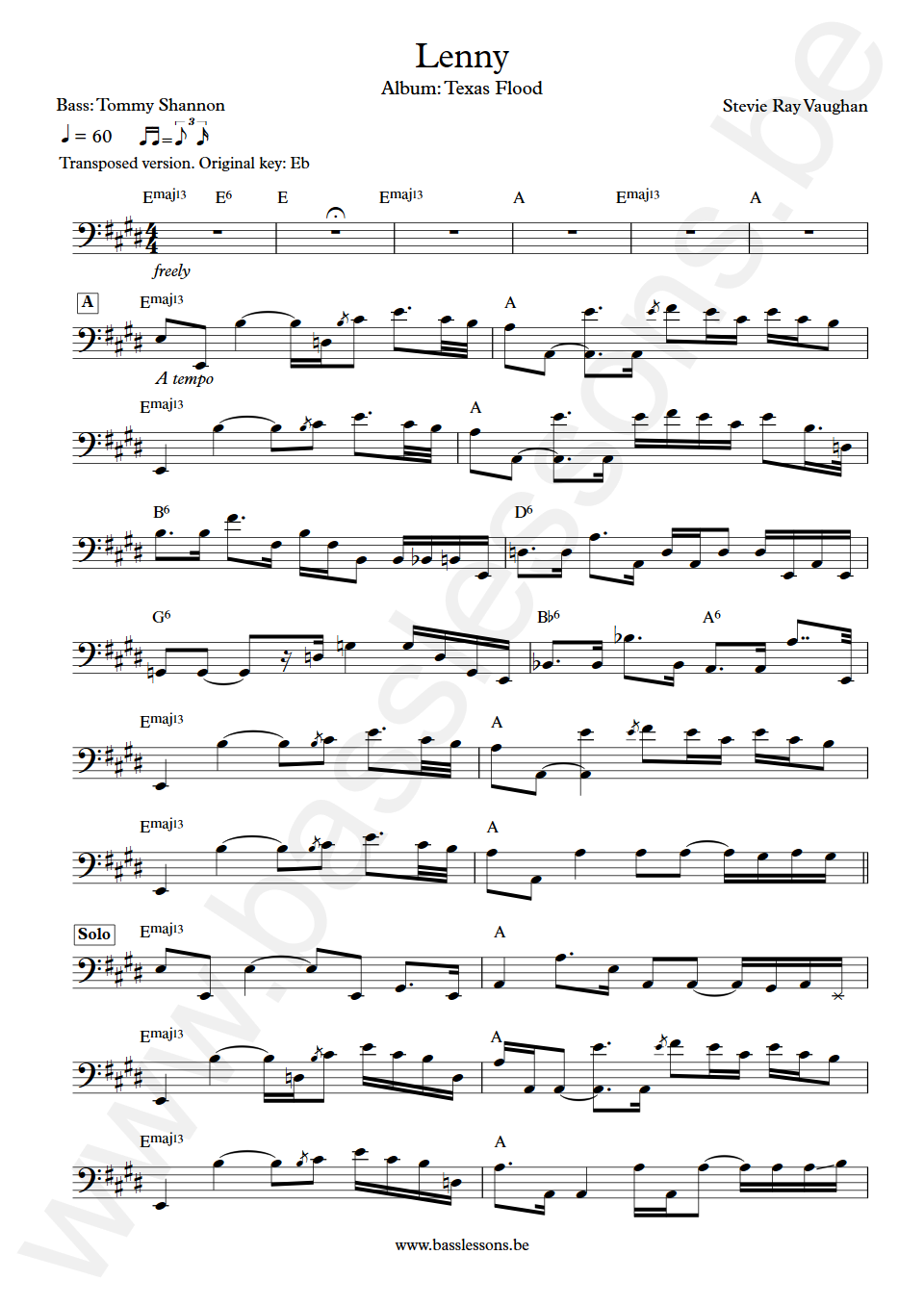 Stevie Ray Vaughan Lenny Tommy Shannon Bas Transcriptie transposed