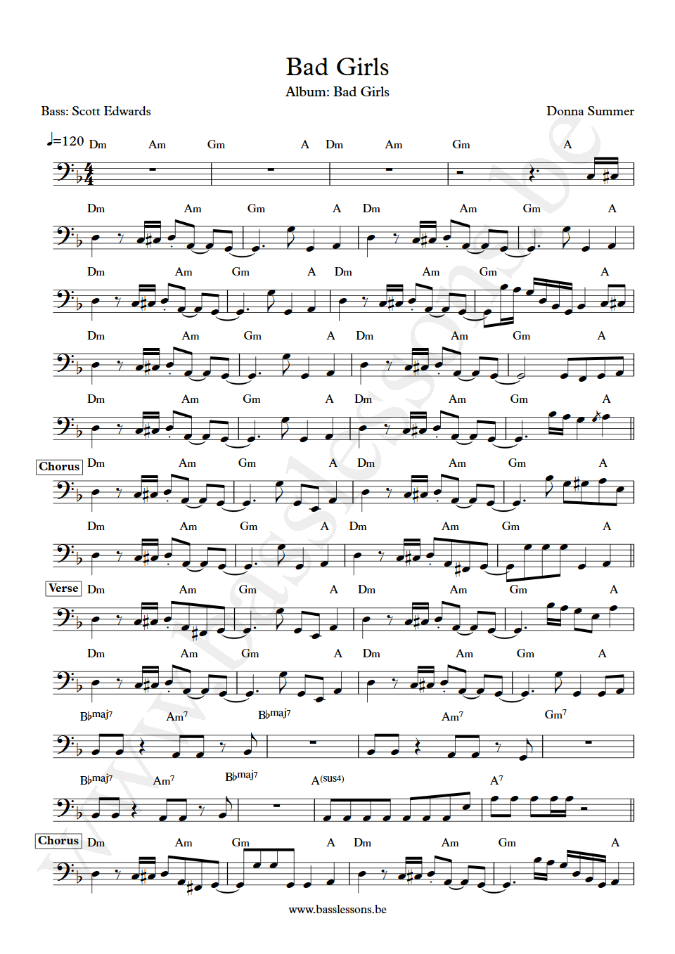 Donna Summer Bad Girls Scott Edwards bass transcription