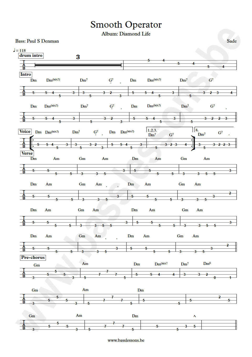 Sade Smooth Operator Paul S Denman bass tab