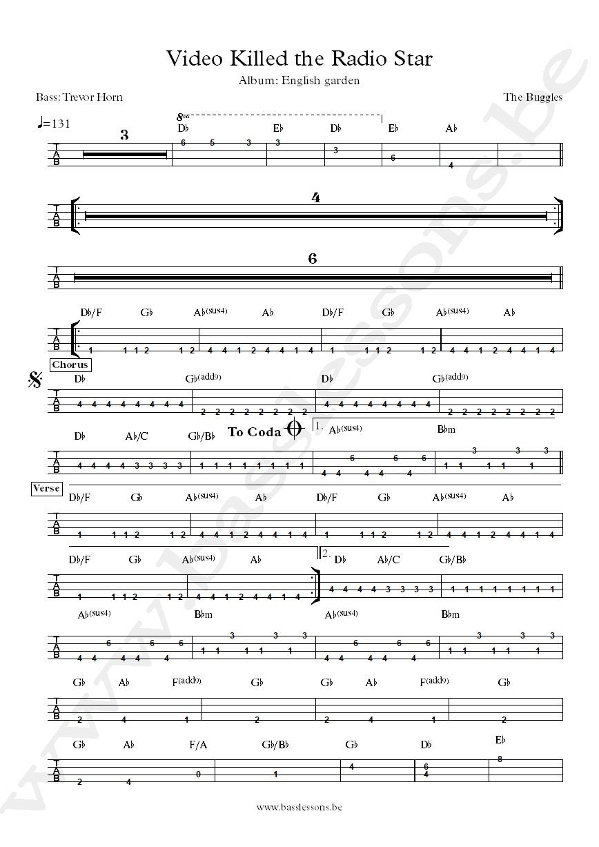 The buggles - video killed the radio star bass tab