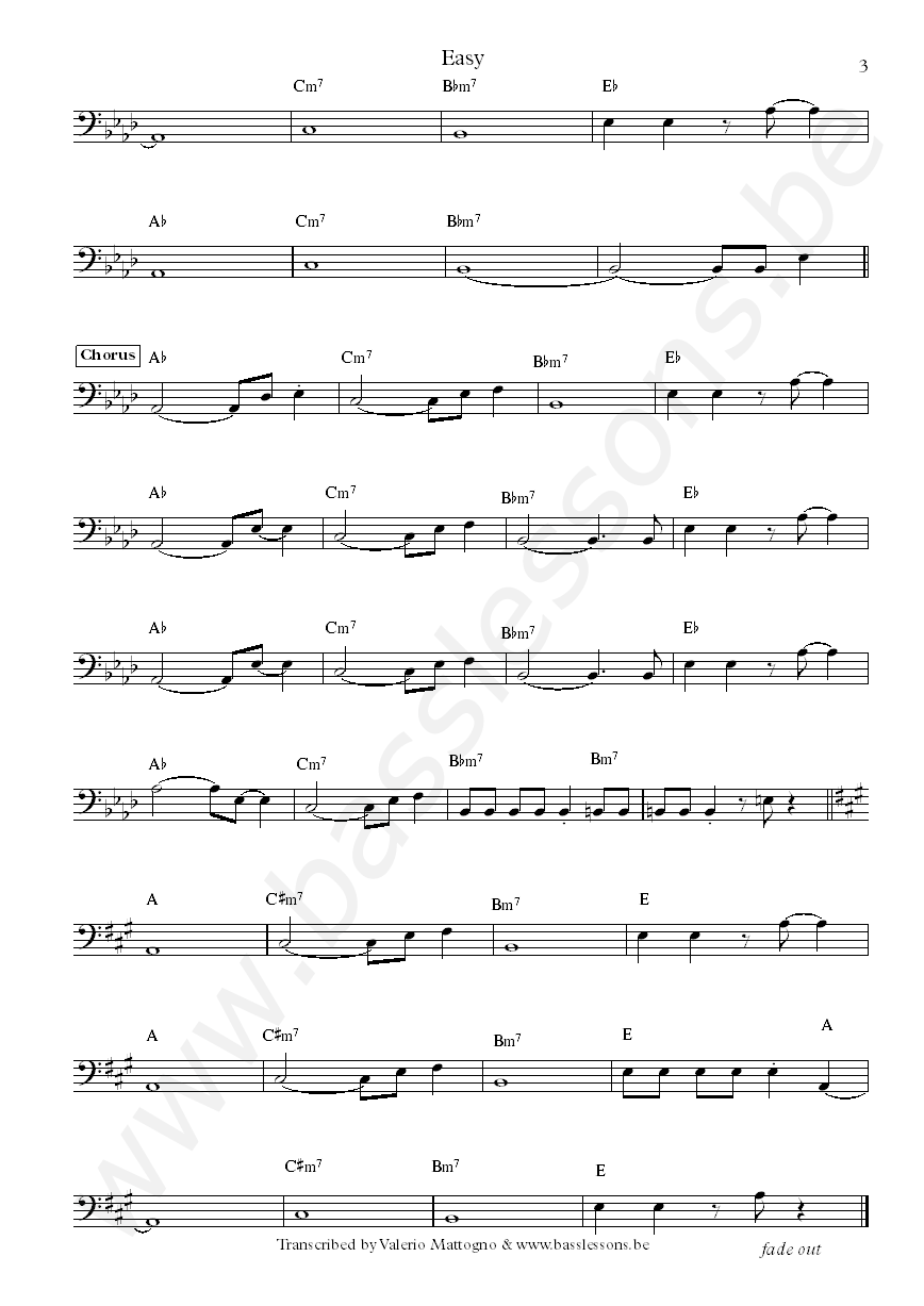 Commodores Easy bass transcription with chords