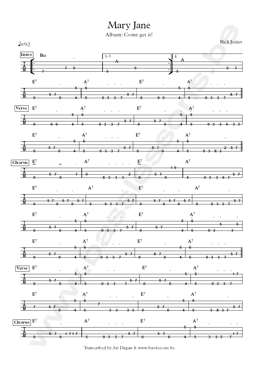 rick james mary jane bass transcription
