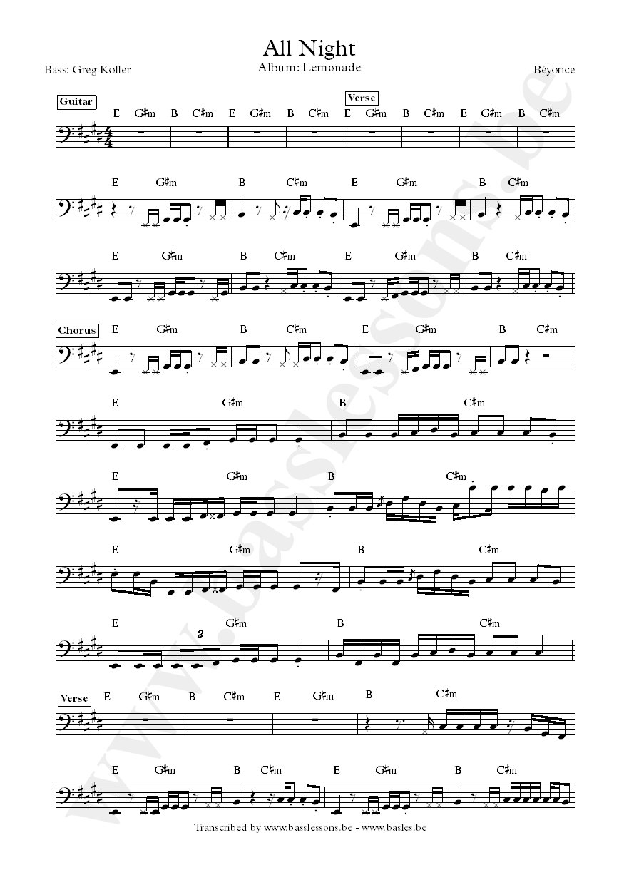 Beyonc&eacute; all nightt bass transcription