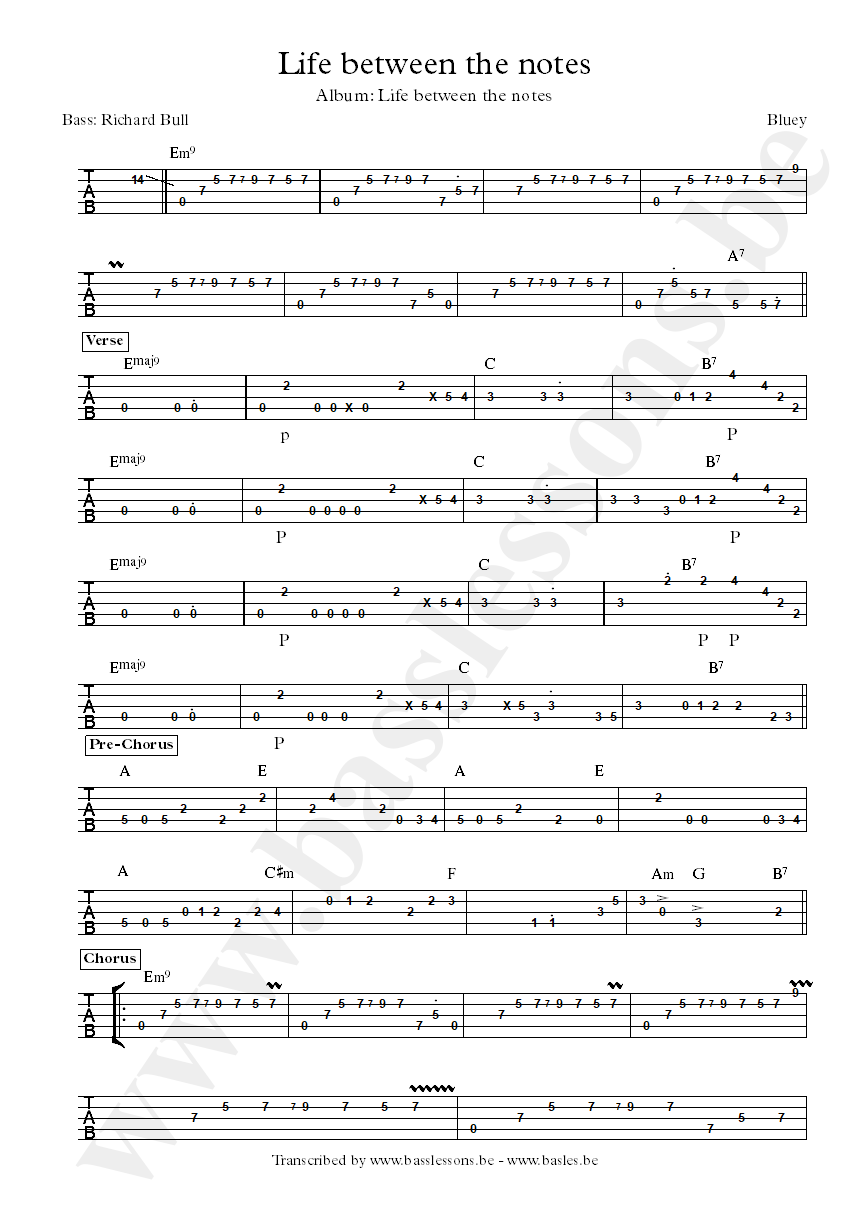 Bluey life between the notes bass tab
