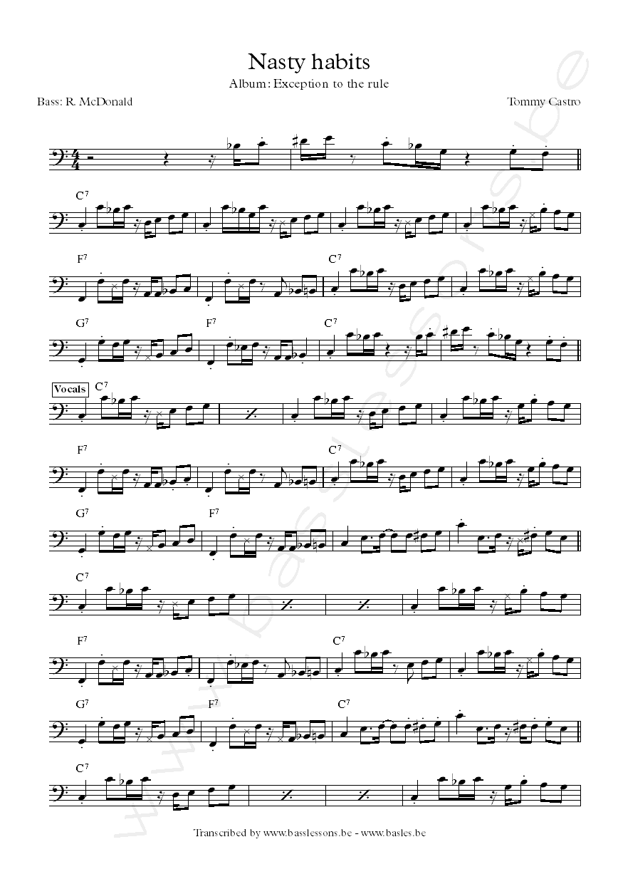 Tommy castro nasty habits bass transcription