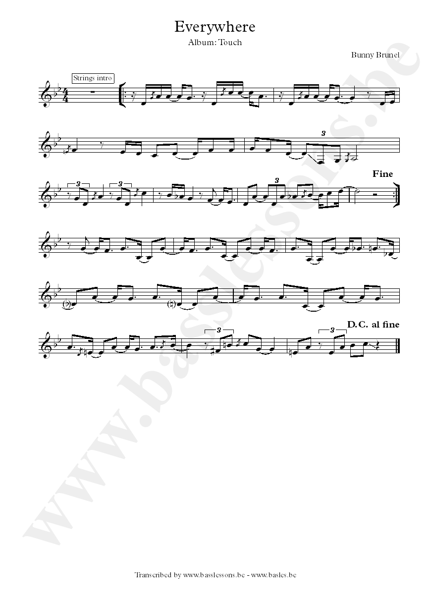 Bunny Brunel everywhere bass transcription treble clef
