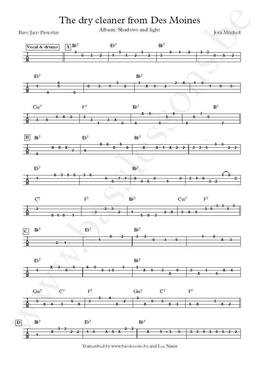 Joni mitchell the dry cleaner from des :oines bass tab