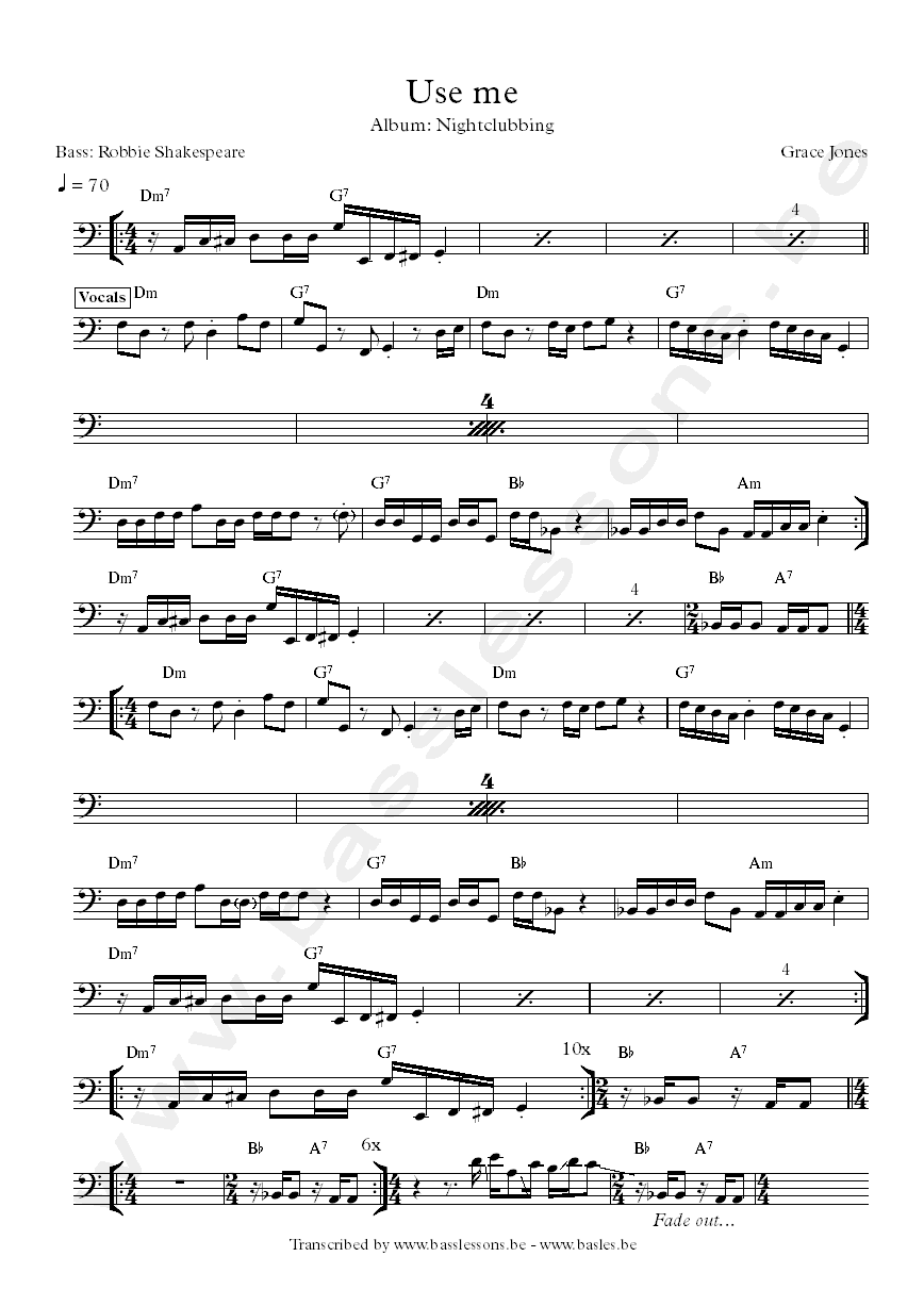 grace jones use me robbie shakespeare bass transcription