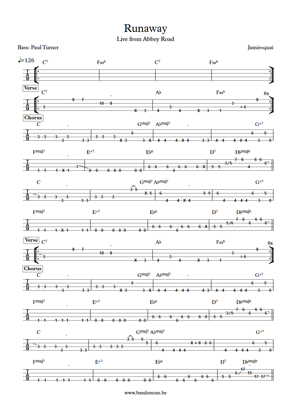 Jamiroquai runaway live at Abbey road Paul Tuner bass tab