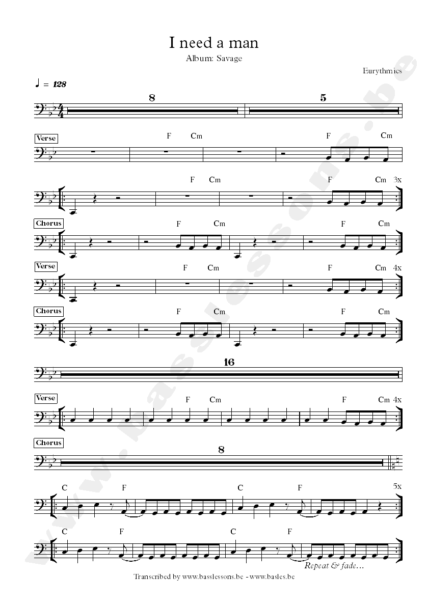 Eurythmics I need a man bass transcription