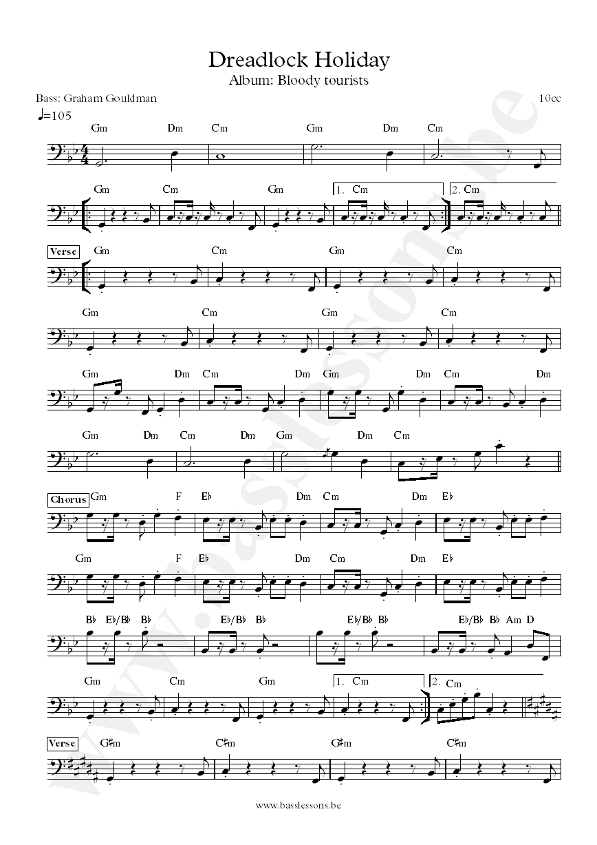 10cc dreadlock holiday bass transcription