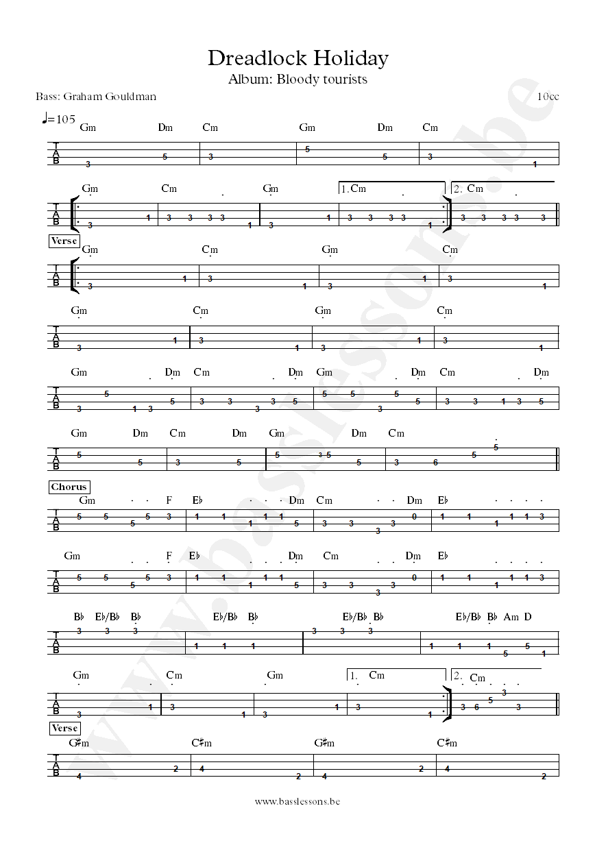 dreadlock holiday bass tab
