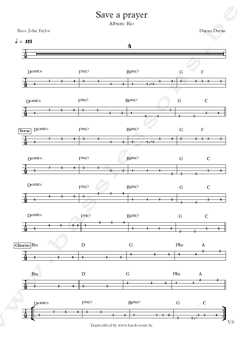 Duran duran save a prayer john taylor bass tab