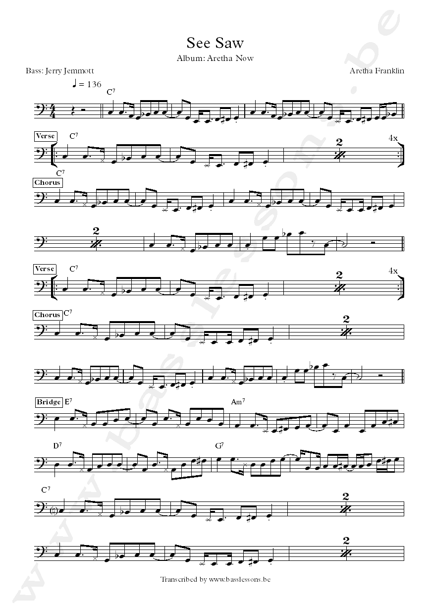 aretha franklin see saw jerry jemmott bass transcription