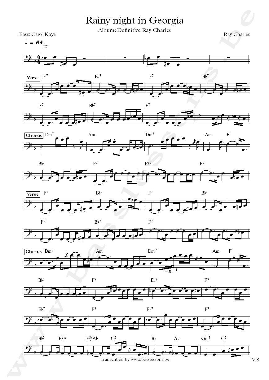 ray charles rainy night in georgia carol kaye bass transcription