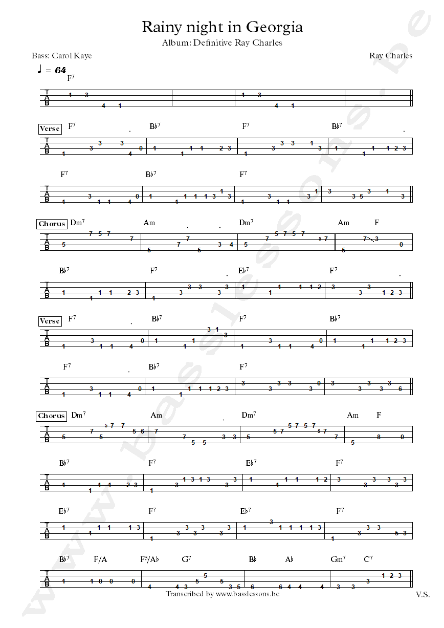 ray charles rainy night in georgia carol kaye bass tab